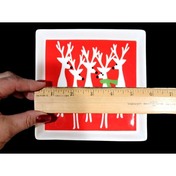 Vintage Crate & Barrel Holiday Appetizer Plate Set. White Reindeers on Bright Re - Picture 4 of 5
